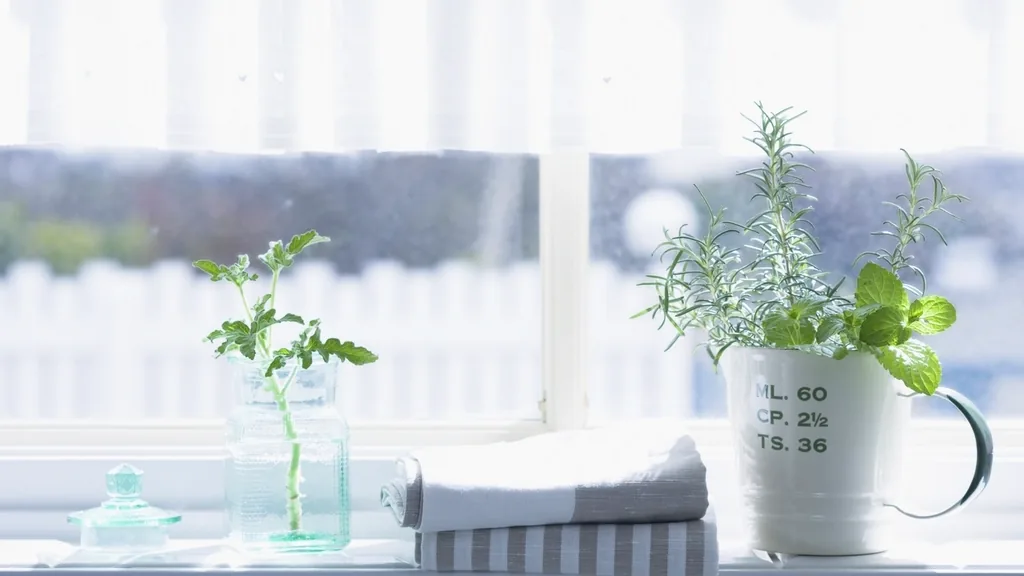 Rosemary, mint and a herb cutting in water on a bright kitchen windowsill