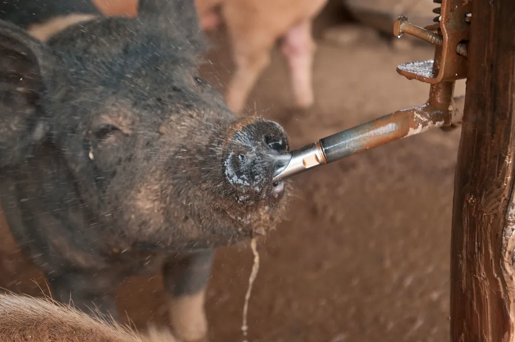 Pig drinking from a nipple waterer mounted on a wooden post